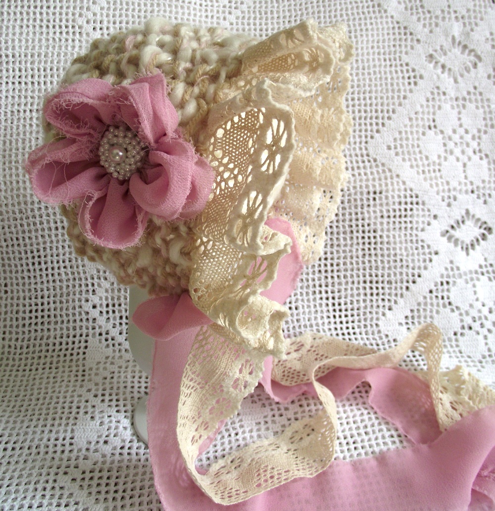 Baby Girl 0-6 Victorian Style Hat Bonnet Pink Mohair Cream Wool Pink Lace Pink Ribbon Photography Props Handmade In Canada